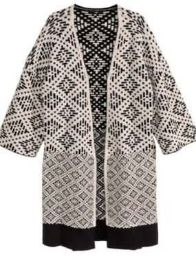 Womens H&M Cardigan Sweater Sz M Kimono Long Style Black Ivory Open Front Slits